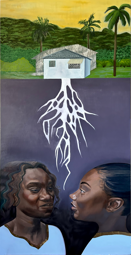 Dwelling Place (48” x 24”, oil and gold leaf on wood panel) by Shantel Miller